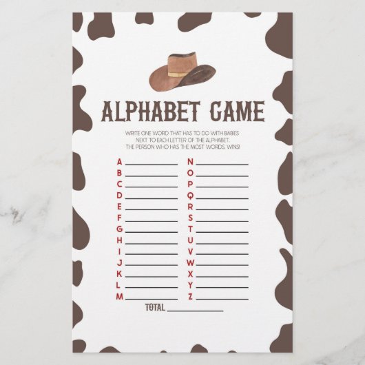 Papeterie Cowboy Rodeo Western Alphabet Baby shower Jeu (Devant)