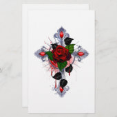 Papeterie Croix d'argent avec une rose rouge (Devant / Derrière)