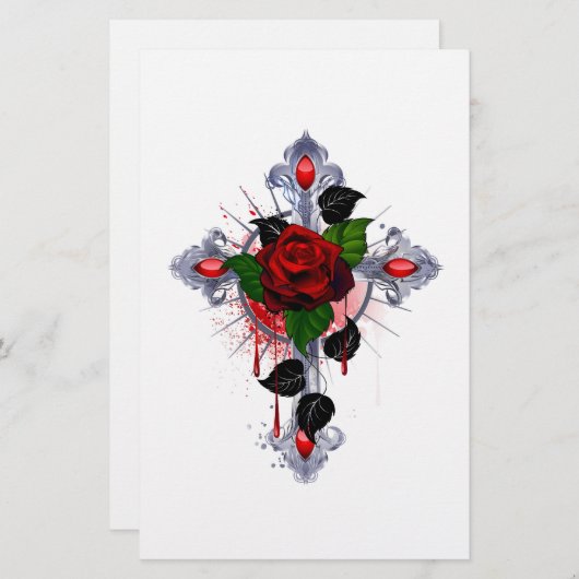 Papeterie Croix d'argent avec une rose rouge (Devant / Derrière)
