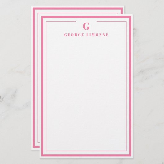 Papeterie Custom Monogram Pink Border Stationery (Devant / Derrière)