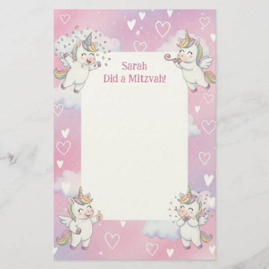 Papeterie Cute rose Unicorne Personnalisé Mitzvah Note (Devant)