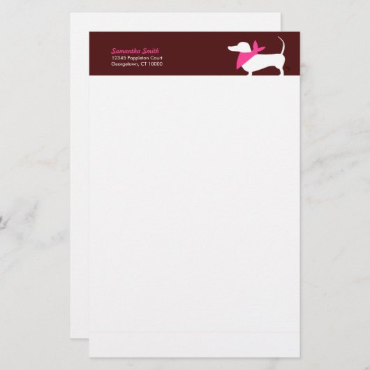 Papeterie Dachshund moderne en Écart rose sur Chocolat (Devant / Derrière)
