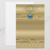 Papeterie Damassé métallique d'or de pierre gemme bleue de (Devant / Derrière)