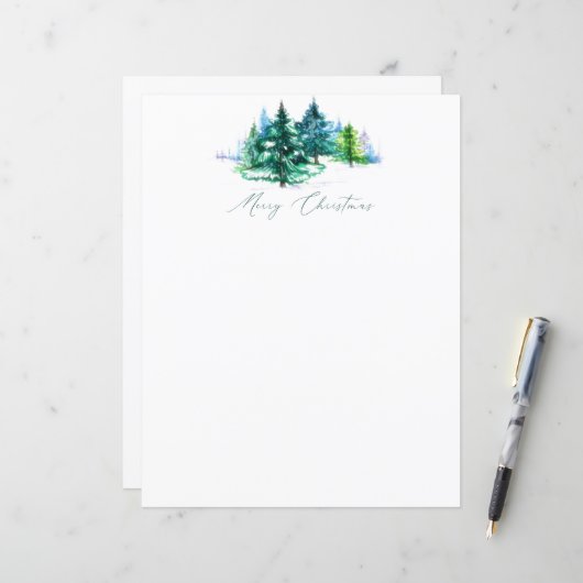 Papeterie de Noël arbres à l'aquarelle (Devant/Arrière en situation)