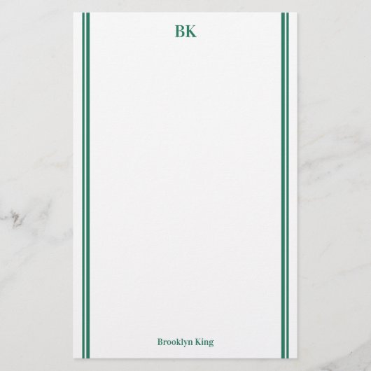 Papeterie Double trait vert foncé Monogramme et nom (Devant)