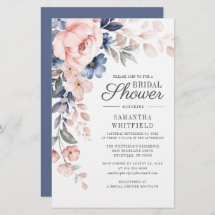Papeterie Dusty Blue Floral Script nuptiale douche Invitatio