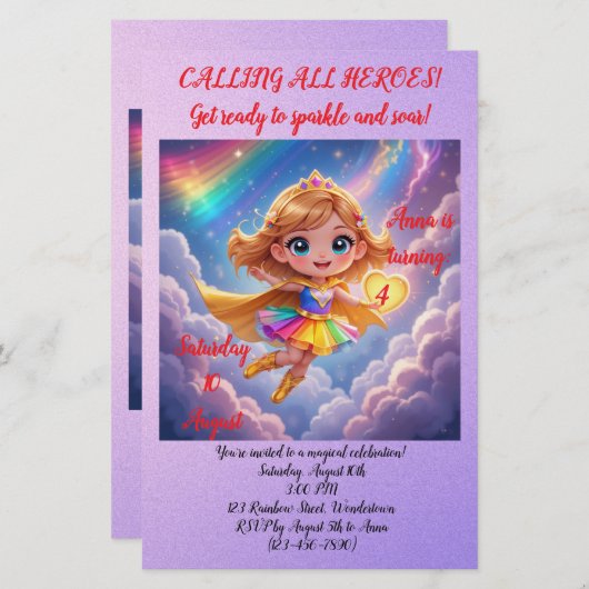 Papeterie Editable Birthday Invitation – Superheroine Theme (Devant / Derrière)