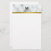 Papeterie Élégant Marbre blanc Faux avec nom et monogramme (Devant / Derrière)
