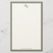 Papeterie Élégant monogramme vert olive avec deux bordures (Devant)