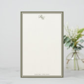 Papeterie Élégant monogramme vert olive avec deux bordures (Debout devant)