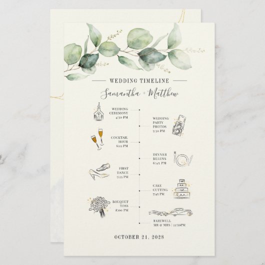 Papeterie Eucalyptus Moderne Icon Mariage Itinéraire Program (Devant / Derrière)