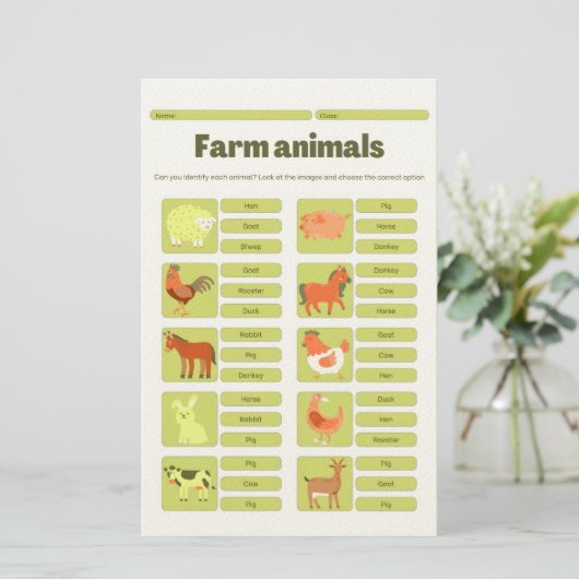 Papeterie Farm Animals Identification Educational Worksheet (Debout devant)