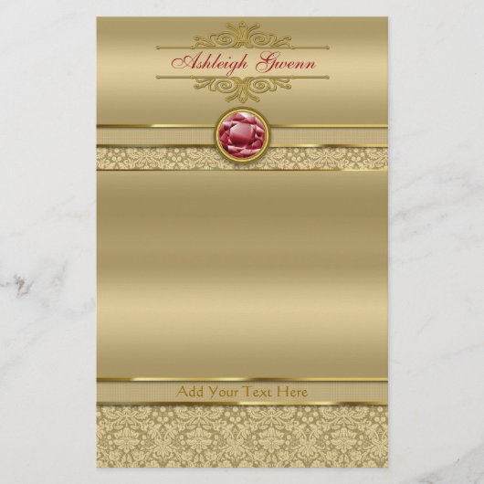 Papeterie Faux Dark Ruby Red Gemstone Metallic Gold Damask (Devant)