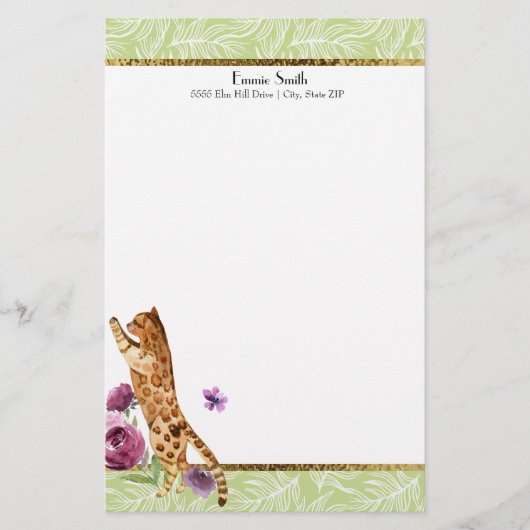 Papeterie Feuilles blanches vertes Chat orange Fleurs violet (Devant)