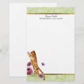 Papeterie Feuilles blanches vertes Chat orange Fleurs violet (Devant / Derrière)