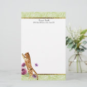 Papeterie Feuilles blanches vertes Chat orange Fleurs violet (Debout devant)