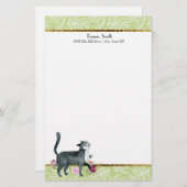 Papeterie Feuilles blancs verts et vêtements de chat gris or (Devant / Derrière)