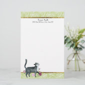 Papeterie Feuilles blancs verts et vêtements de chat gris or (Debout devant)