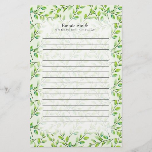 Papeterie Feuilles et succursales verts personnalisés (Devant)