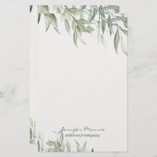Papeterie Feuilles vert aquarelle simple personnalisés (Devant / Derrière)