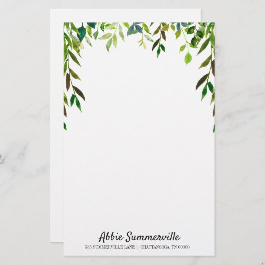 Papeterie Feuilles verts personnalisés sur blanc sans doublu (Devant / Derrière)