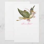 Papeterie FILLE DE LA CIGOGNE BÉBÉ SHOWER Rose Blanc (Devant / Derrière)