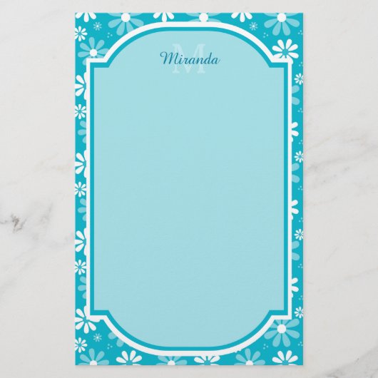 Papeterie Fille Monogramme Turquoise Daisy Fleurs Avec Nom (Devant)