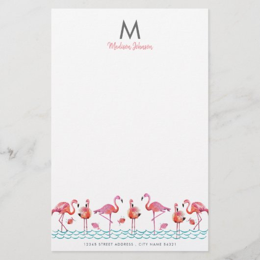 Papeterie Flamant rose tendance Pink & Blue birds monogramme (Devant)