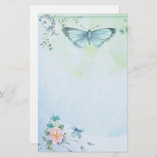 Papeterie Fleur de papillon de vert bleu assez stationnaire (Devant / Derrière)