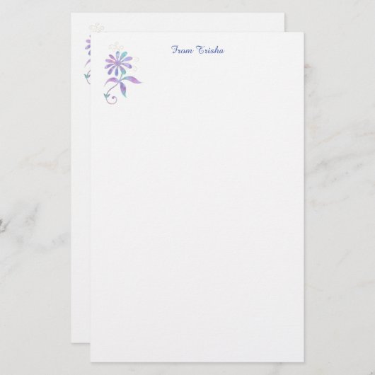 Papeterie Fleur turquoise et violette, do-it-yourself nom et (Devant / Derrière)