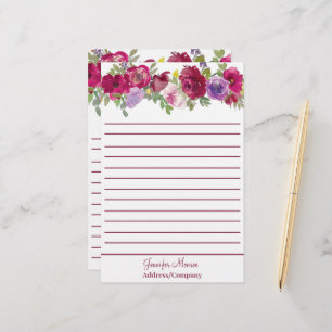 Papeterie Fleurs aquarelles rouges et violettes personnalisé