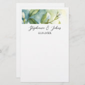 Papeterie Fleurs Blanches Élégantes Feuilles Vertes Mariage  (Devant / Derrière)