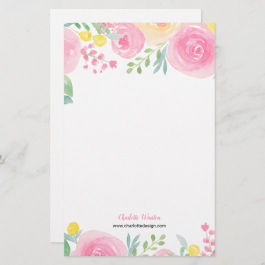 Papeterie Fleurs d'aquarelle chic jaune rose (Devant / Derrière)