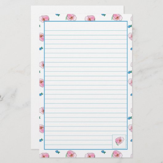 Papeterie Fleurs d'aquarelle rose Pavot (Devant / Derrière)