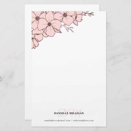 Papeterie Fleurs rose pâle Nom Monogram Website (Devant / Derrière)