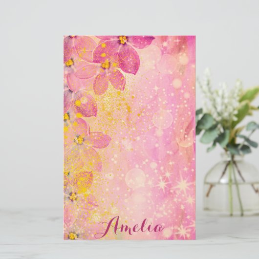 Papeterie Fleurs Roses Avec Étincelles De Bokeh & Plaques De (Debout devant)