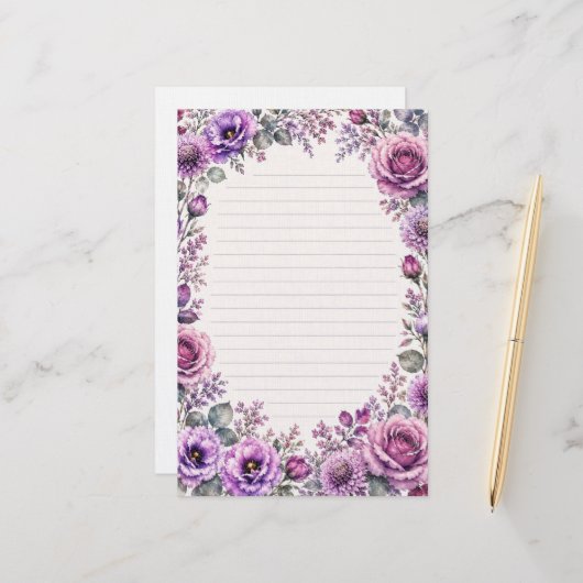 Papeterie Fleurs violettes. (Devant/Arrière en situation)