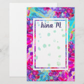 Papeterie Fleurs violettes et pétales turquoise Imaginaire (Devant / Derrière)