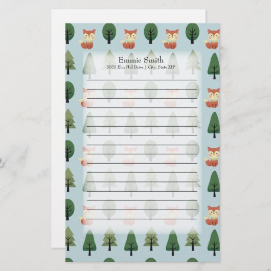 Papeterie Foxes et arbres mignons personnalisés en bleu (Devant / Derrière)