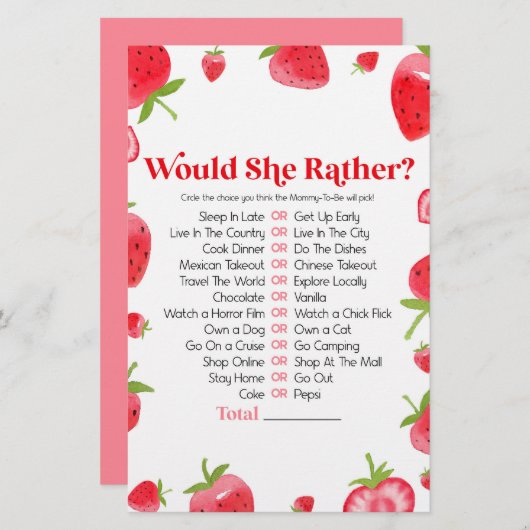 Papeterie Fraise Berry Voudrait-Elle Plaire Baby shower Jeu (Devant / Derrière)