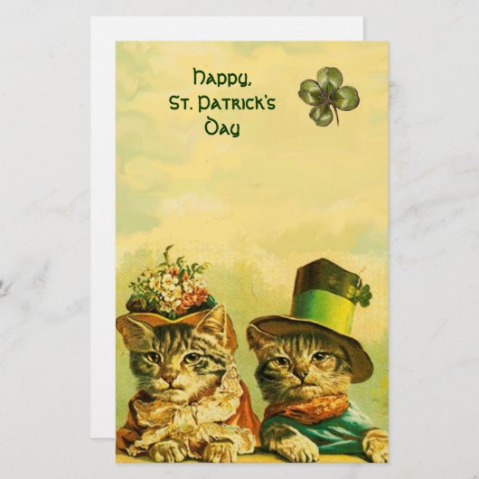 PAPETERIE FUNNY VIEILLE MODE ST PATRICK'S DAME CHATS, SHAMRO (Devant / Derrière)