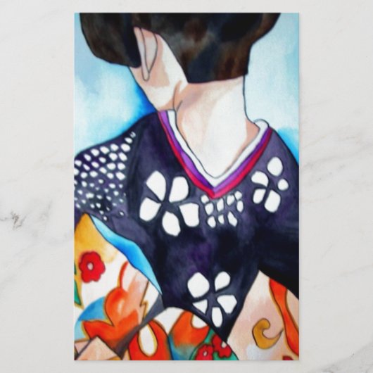 Papeterie Geisha avec kimono bleu foncé art original (Devant)