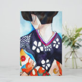 Papeterie Geisha avec kimono bleu foncé art original (Debout devant)