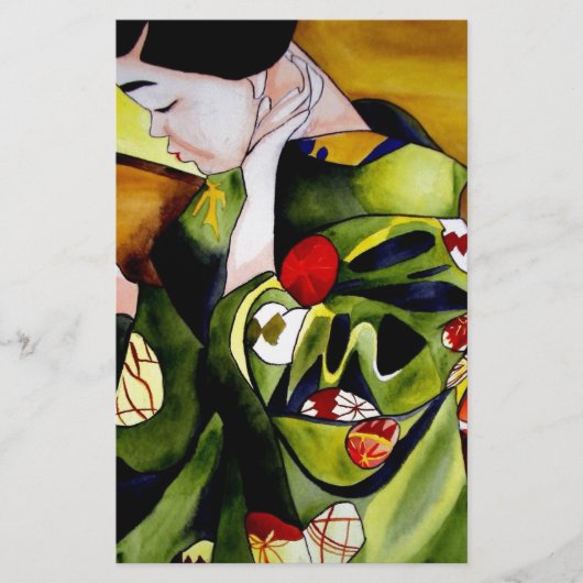 Papeterie Geisha avec kimono vert olive (Devant)