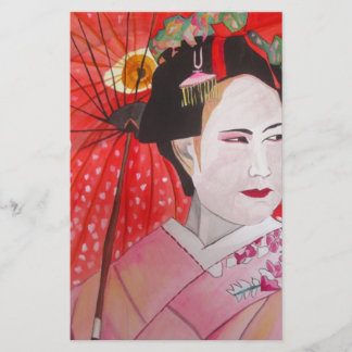 Papeterie Geisha avec parapluie rouge peinture d'art origina