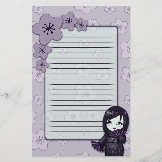 Papeterie Geisha mignon noir et fleurs de cerisier pourpres (Devant)