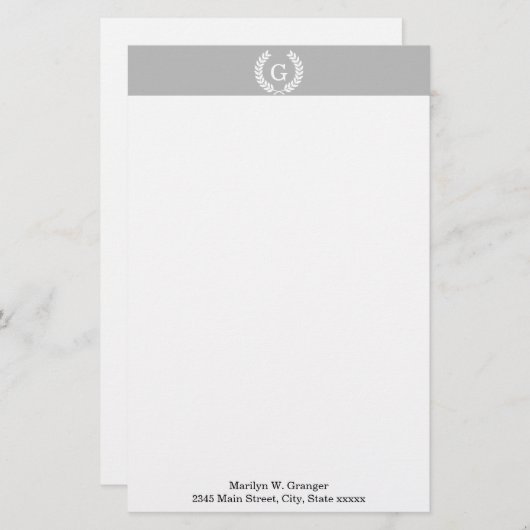 Papeterie Gris Blanc Blé Laurel Wreath Initial Monogramme (Devant / Derrière)
