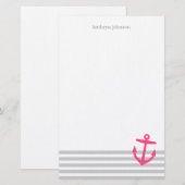 Papeterie Gris et rose rayures nautiques et Ancre mignonne (Devant / Derrière)