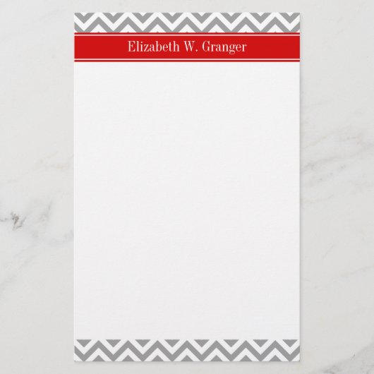 Papeterie Gris foncé Blanc LG Chevron Rouge Monogramme Nom (Devant)