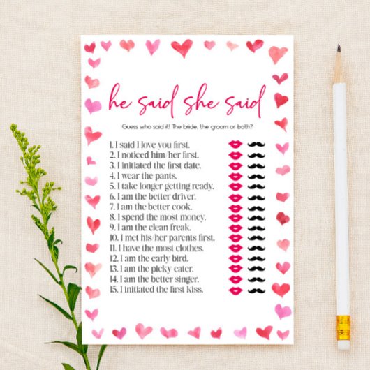 Papeterie Hearts He Said She Said Bridal Shower Game 